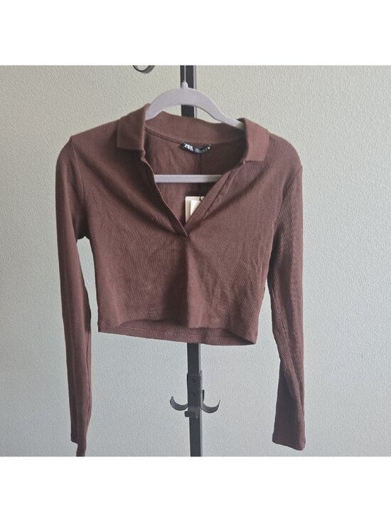 Tops - Chocolate Brown Collared Crop Top